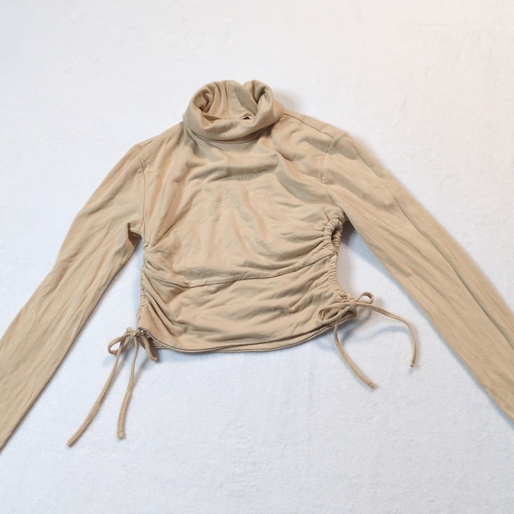 FOREVER 21 Beige Ruched Drawstring Turtleneck Knit Stretch Slim Top M